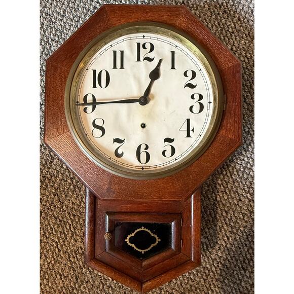 Antique Hanging Wall Clock - Wood - Octagonal - Has Key - Needs Servicing